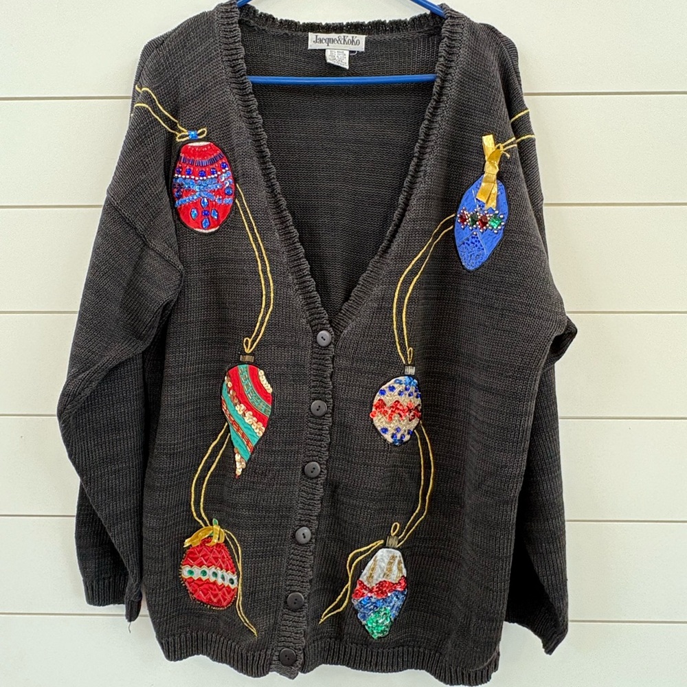 Vintage Jacque & Koko Black Cardigan with Festive Ornament Design